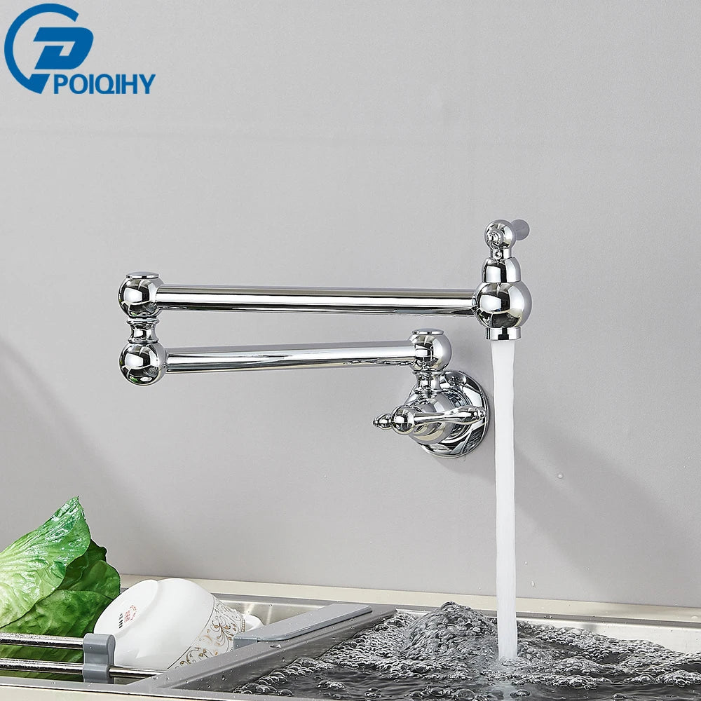 Chrome Black Wall Mounted Faucet Single Cold Water Tap 360 Rotating Spout Washing Faucet Folding Neck Bathroom Kitchen Tap
