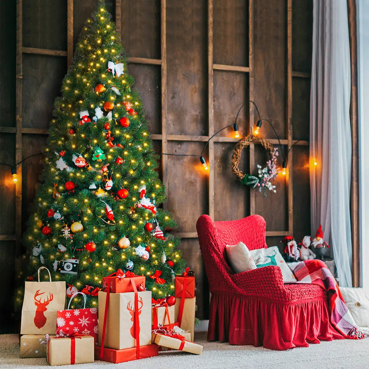9 FT Tall Pre-Lit Artificial Christmas Tree, Foldable Metal Stand, Home Office Party Decoration, Green