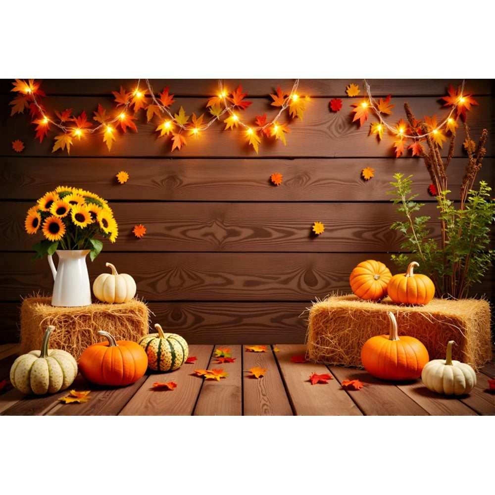 Autumn Photography Backdrop Grey Wooden Board Shining Pumpkin Sunflower 2026 Fall Thanksgiving Party Decoration Photo Background