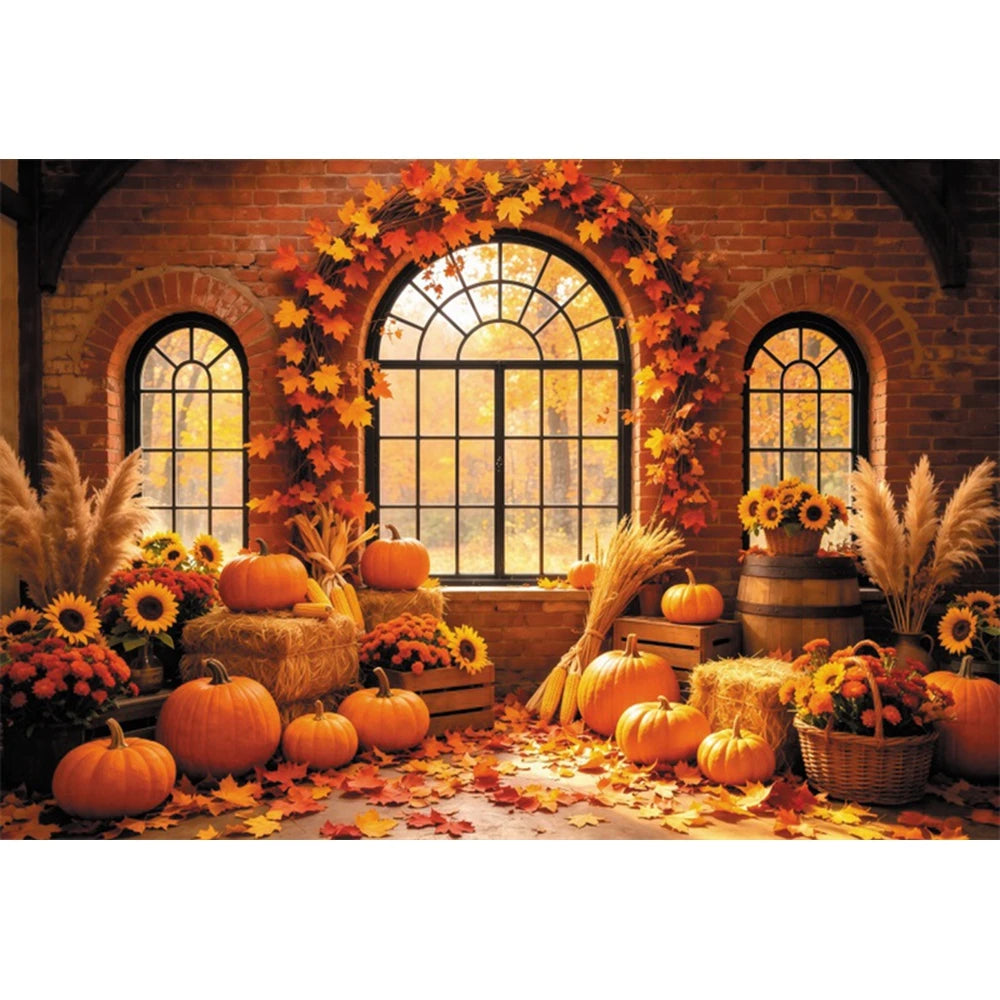 Autumn Scenery Photography Background Yellow Maple Leaves Pumpkin Large Banner Fall Harvest Thanksgiving Party Decor Backdrop